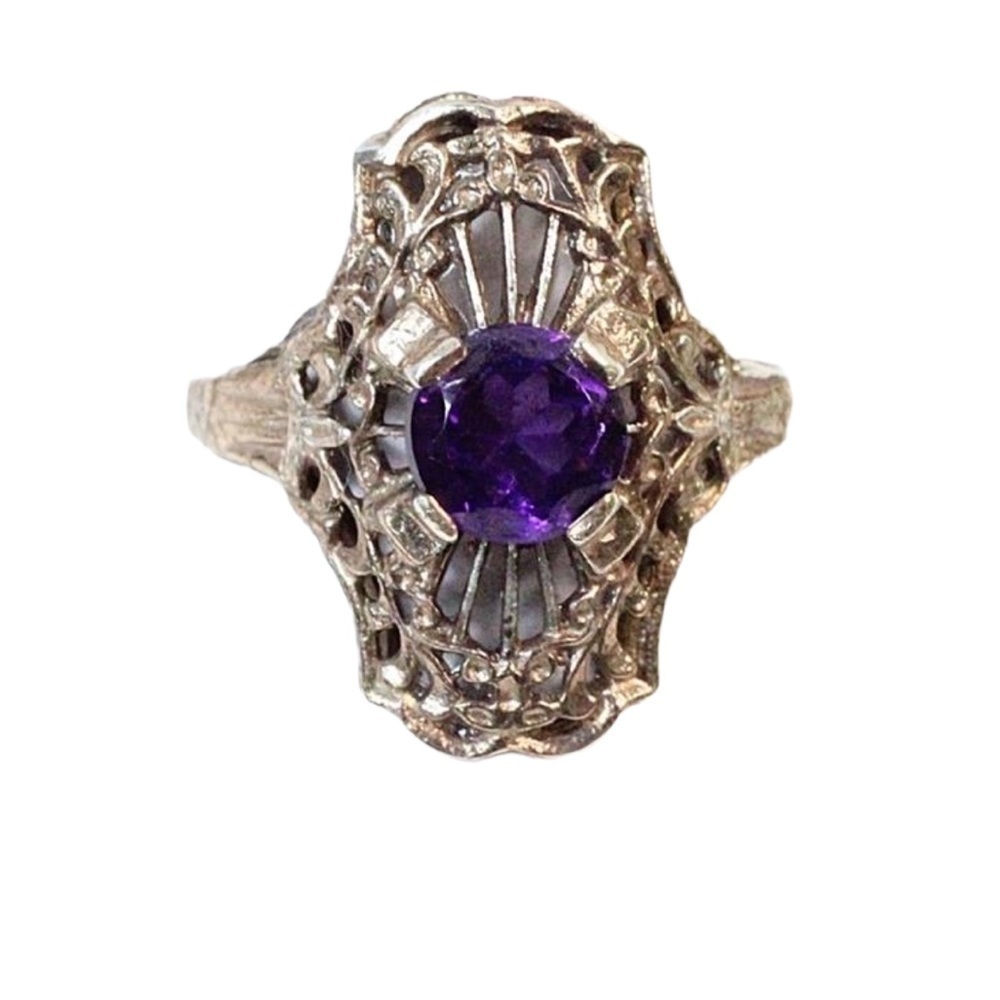 Sterling Silver Amethyst Open Scrollwork Vintage Dinner Ring Size 6.5​​​…